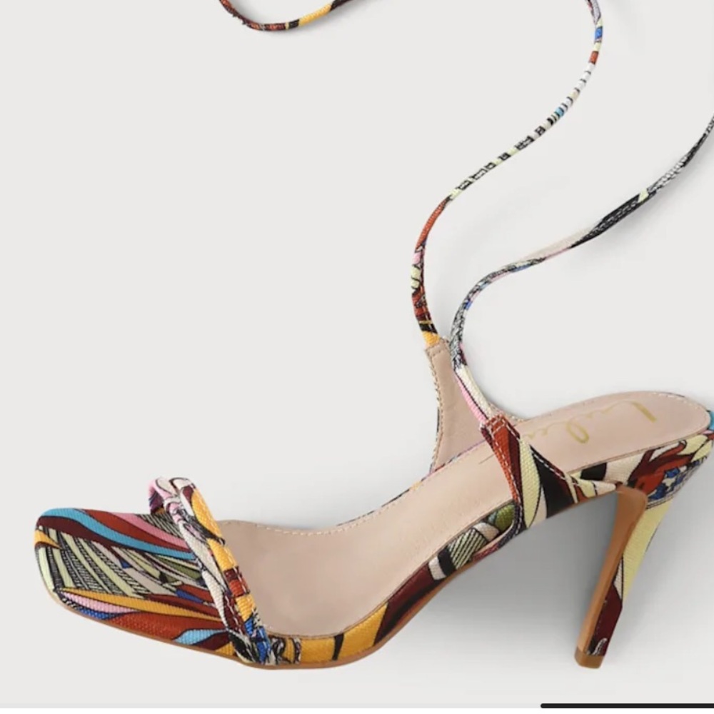 New Lulu's Wiley Multi Print Square toe Lace Up High Heel Sandals size 8 - Picture 4 of 11